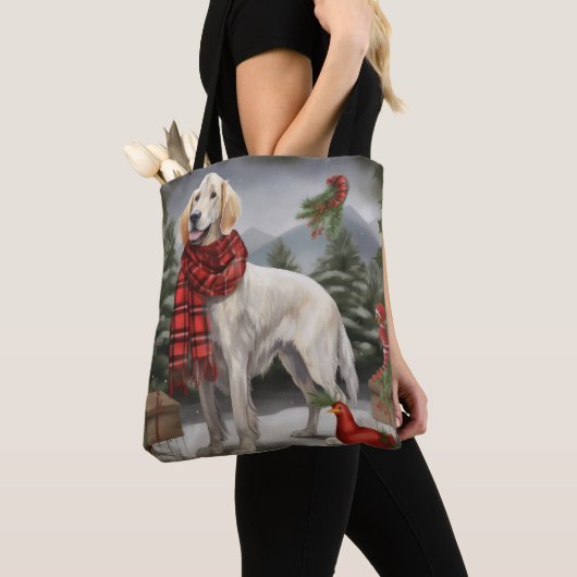 Engelse Setter Hond in Sneeuw Kerstmis Tote Bag (Dichtbij)