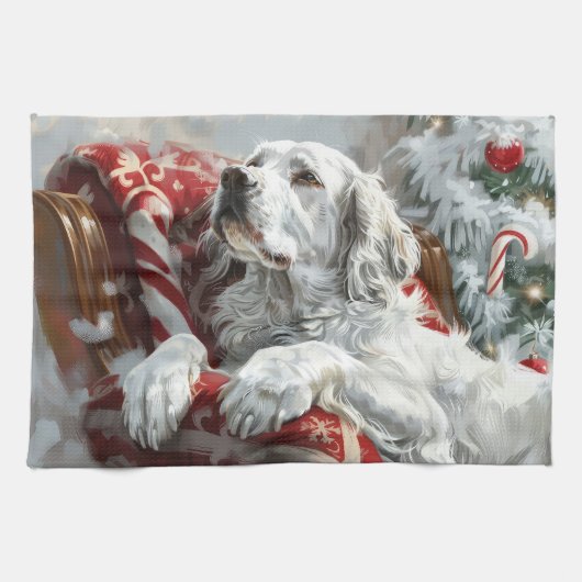 Engelse Setter Hond Kerst Feestelijk Theedoek (Horizontaal)