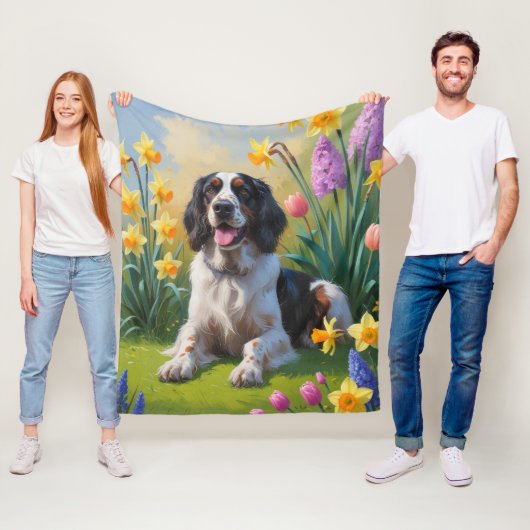 Engelse Setter Hond Lente Bloemen Schilderij Fleece Deken (In situ)