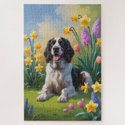 Engelse Setter Hond Lente Bloemen Schilderij Legpuzzel (Verticaal)