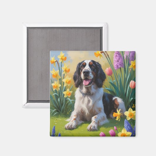 Engelse Setter Hond Lente Bloemen Schilderij Magneet (Voorkant / Achterkant)