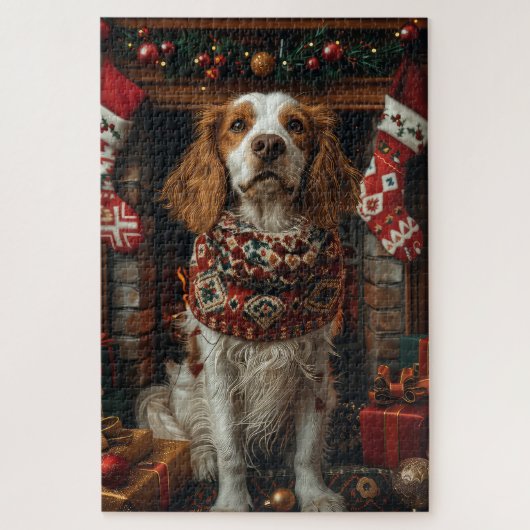 Engelse Setter Hond Met Kerstcadeaus Haardvuur Legpuzzel (Verticaal)