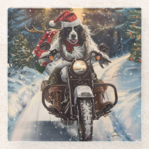 Engelse Setter-hond rijdt op motorfiets met Kerstm Glazen Onderzetter