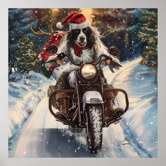 Engelse Setter-hond rijdt op motorfiets met Kerstm Poster (Voorkant)