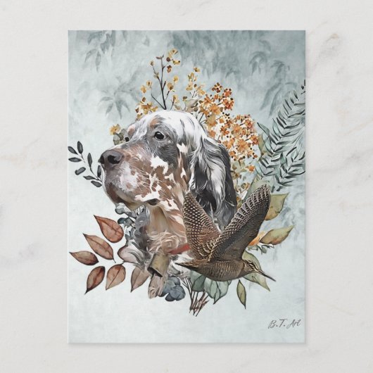 Engelse setter, houtsnip jacht, kunst briefkaart (Voorkant)