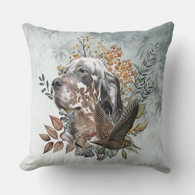 Engelse setter, houtsnip jacht, kunst kussen (Voorkant)