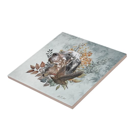 Engelse setter, houtsnip jacht, kunst tegeltje (Zijkant)