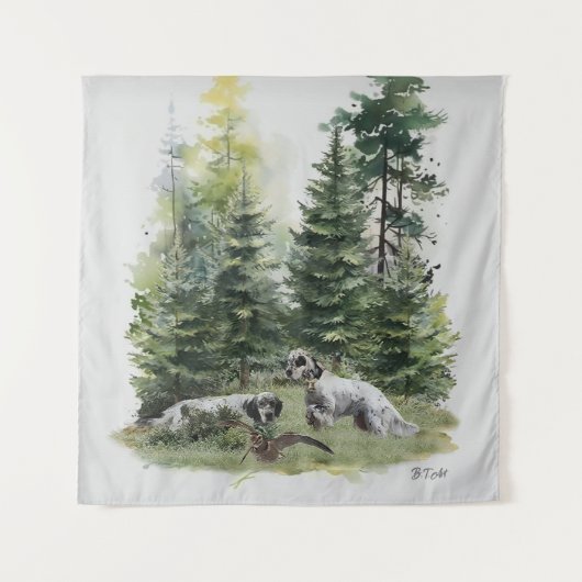 Engelse setter, houtsnip jacht, kunst wandkleed (Voorkant)