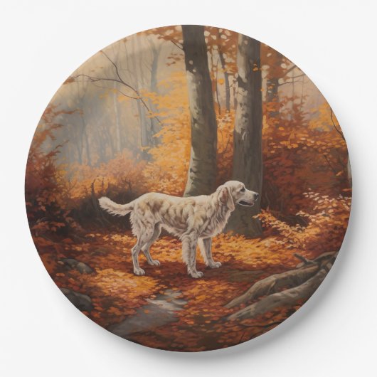 Engelse Setter in Autumn Leaves Herfst Inspire Papieren Bordje (Voorkant)
