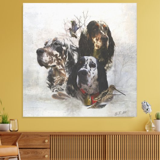 Engelse Setter, jacht op houtsnippers Canvas Afdruk (Insitu (Woonkamer))