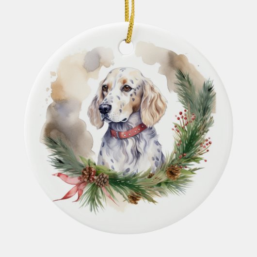 Engelse Setter Kerstkrans Feestelijke Pup Keramisch Ornament (Voorkant)