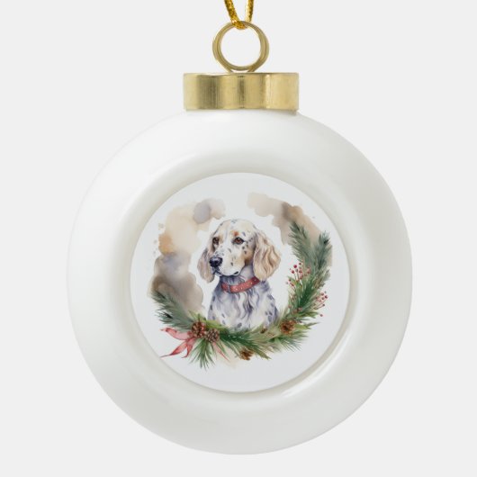 Engelse Setter Kerstkrans Feestelijke Pup Keramische Bal Ornament (Voorkant)