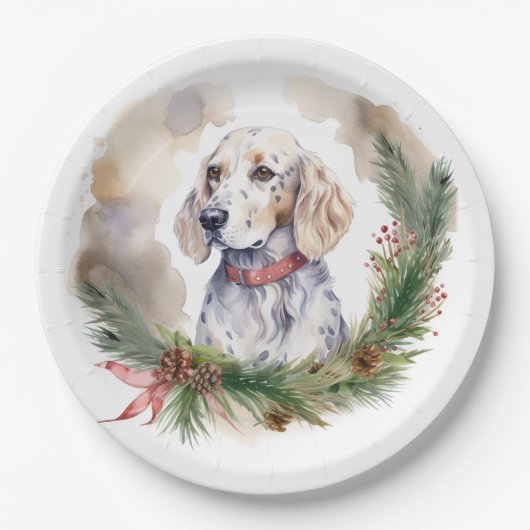 Engelse Setter Kerstkrans Feestelijke Pup Papieren Bordje (Voorkant)