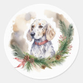 Engelse Setter Kerstkrans Feestelijke Pup Ronde Sticker (Voorkant)