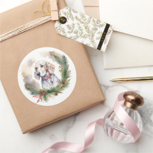 Engelse Setter Kerstkrans Feestelijke Pup Ronde Sticker