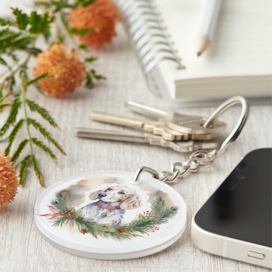 Engelse Setter Kerstkrans Feestelijke Pup Sleutelhanger (Voorkant Rechts)