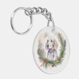 Engelse Setter Kerstkrans Feestelijke Pup Sleutelhanger