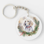 Engelse Setter Kerstkrans Feestelijke Pup Sleutelhanger (Voorkant)