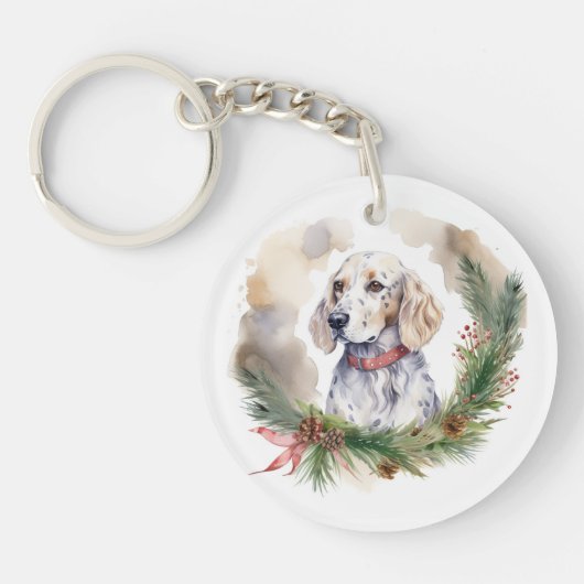 Engelse Setter Kerstkrans Feestelijke Pup Sleutelhanger (Voorkant)