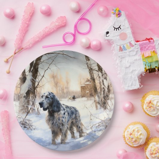 Engelse setter laat het sneeuwen Kerstmis Papieren Bordje (Feest)