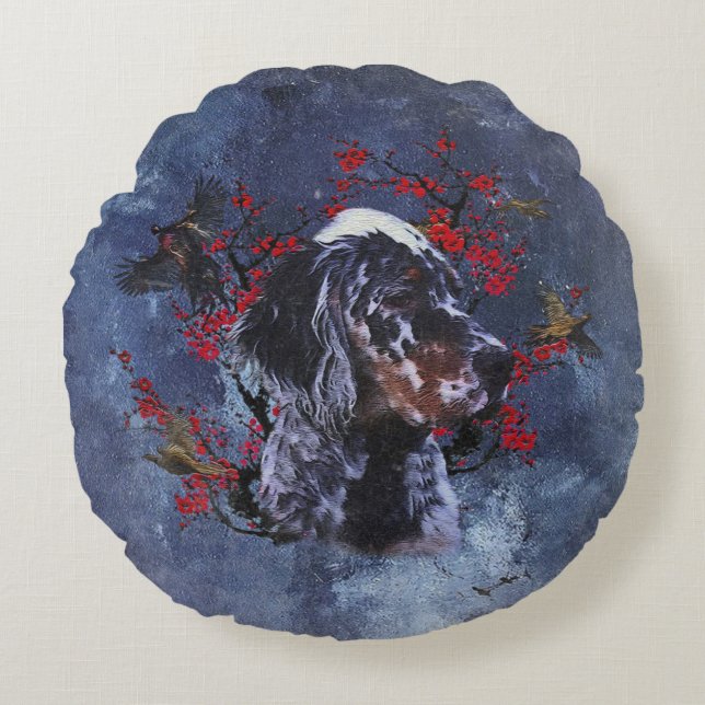 Engelse setter met fazanten, kunst   rond kussen (Voorkant)