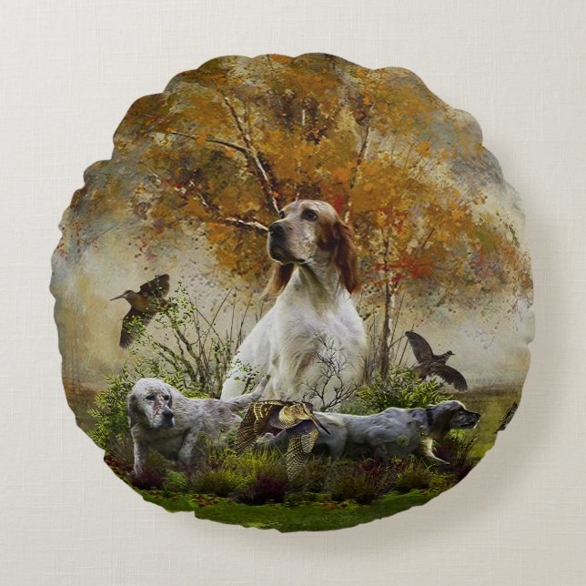 Engelse setter met fazanten, kunst  rond kussen (Voorkant)