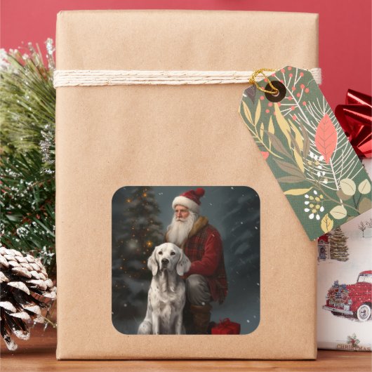 Engelse Setter met Kerstman Festieve Kerstmis Vierkante Sticker (Feestdagen)