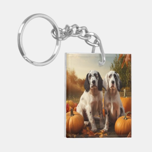 Engelse Setter Puppy Herfst Delight Pompoen Sleutelhanger (Voorkant Links)