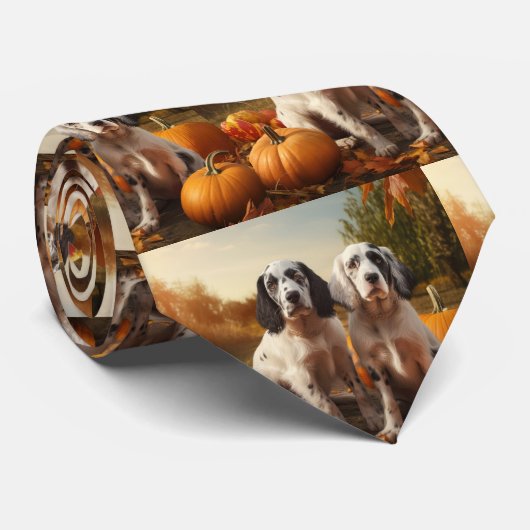 Engelse Setter Puppy Herfst Delight Pompoen Stropdas (Opgerold)