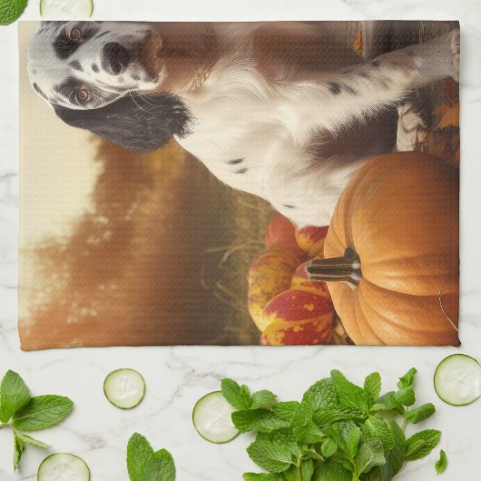 Engelse Setter Puppy Herfst Delight Pompoen Theedoek (Gevouwen)