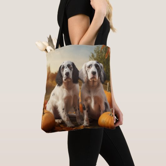 Engelse Setter Puppy Herfst Delight Pompoen Tote Bag (Dichtbij)