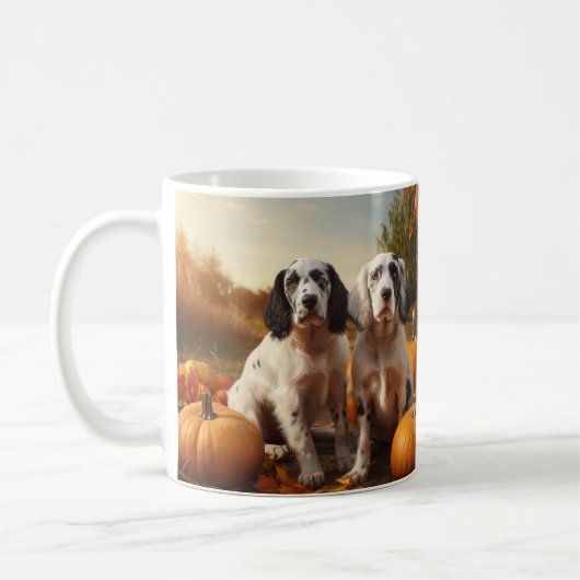 Engelse Setter Puppy Herfst Plezier Pompoen Koffiemok (Links)