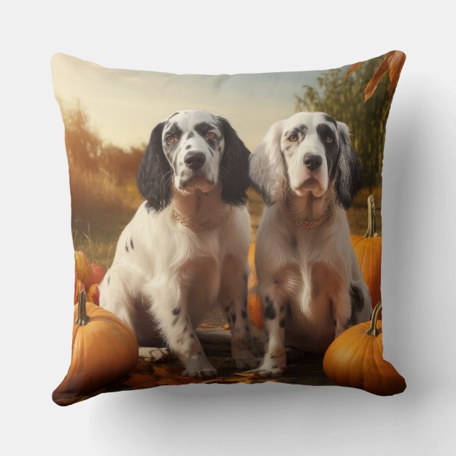 Engelse Setter Puppy Herfst Plezier Pompoen  Kussen (Achterkant)