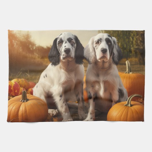 Engelse Setter Puppy Herfst Plezier Pompoen Theedoek (Horizontaal)