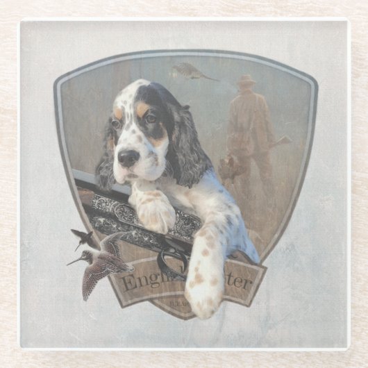 Engelse Setter puppy met een klassiek shotgun Glazen Onderzetter (Voorkant)