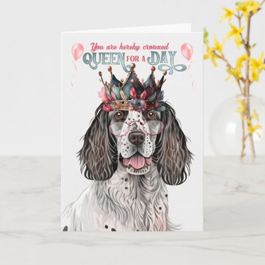 Engelse Setter Queen voor een Dag Funny Birthday Kaart (Gele Bloem)