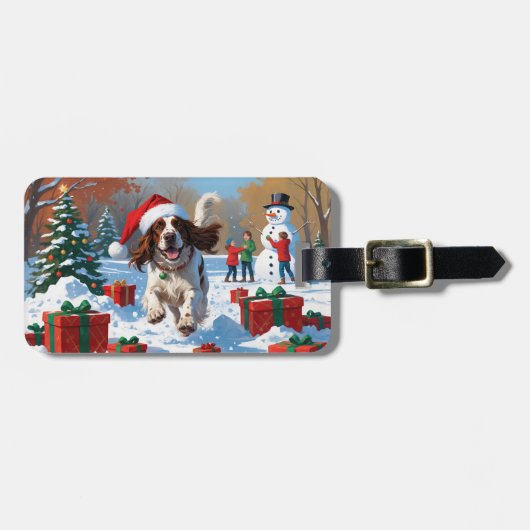 Engelse Setter rent door Sneeuw met Kerstmuts Bagagelabel (Voorkant horizontaal)