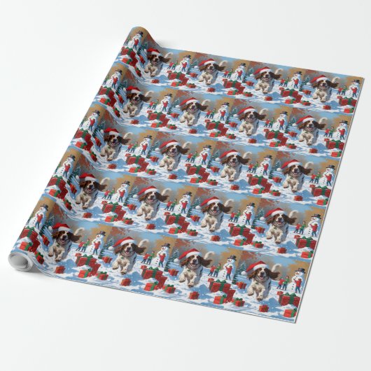 Engelse Setter rent door Sneeuw met Kerstmuts Cadeaupapier (Uitgerold)