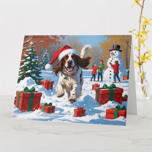 Engelse Setter Rent door Sneeuw met Kerstmuts Kaart (Gele Bloem)
