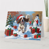 Engelse Setter Rent door Sneeuw met Kerstmuts Kaart (Voorkant)