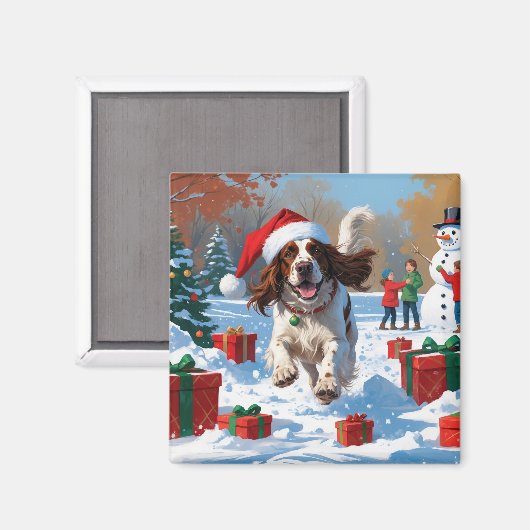 Engelse Setter Rent door Sneeuw met Kerstmuts Magneet (Voorkant / Achterkant)
