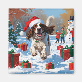 Engelse Setter Rent door Sneeuw met Kerstmuts Magneet (Voorkant)