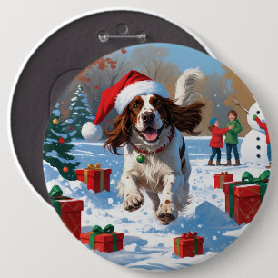 Engelse Setter rent door Sneeuw met Kerstmuts Ronde Button 6,0 Cm