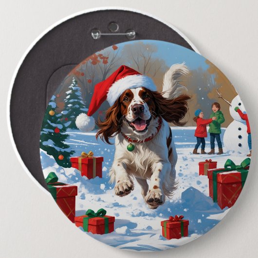 Engelse Setter rent door Sneeuw met Kerstmuts Ronde Button 6,0 Cm (Voorkant /achterkant)