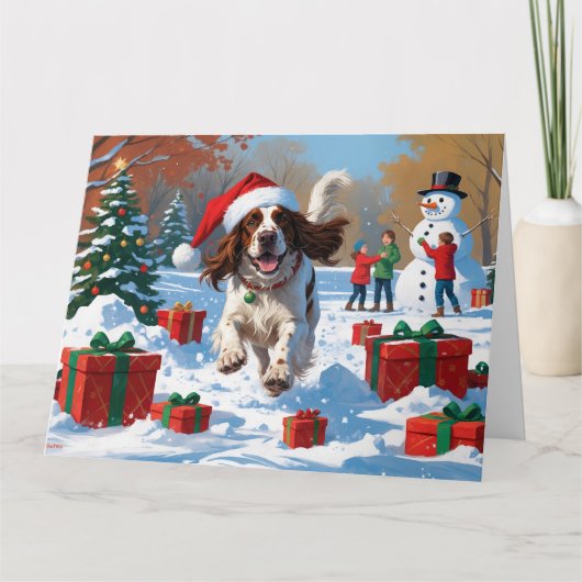 Engelse Setter Rent in de Sneeuw met Kerstmuts Kaart (Voorkant)