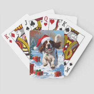 Engelse Setter rent in de sneeuw met kerstmuts Pokerkaarten