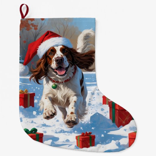 Engelse Setter Rent in Sneeuw met Kerstmuts Grote Kerstsok (Voorkant)