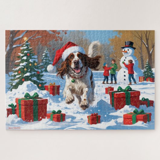 Engelse Setter Rent in Sneeuw met Kerstmuts Legpuzzel (Horizontaal)