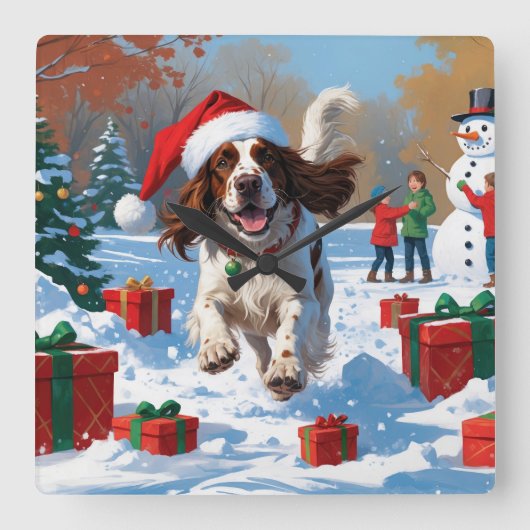 Engelse Setter Rent in Sneeuw met Kerstmuts Vierkante Klok (Voorkant)