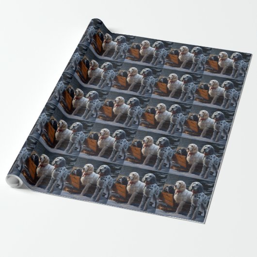 Engelse Setter Sneeuw Slede Kerst Decoratie Cadeaupapier (Uitgerold)
